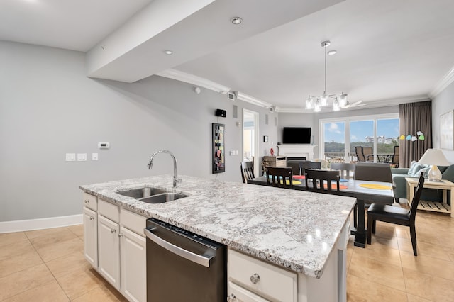 kitchen featuring white cabinetry, sink, a center island with sink, light tile floors, and stainless steel dishwasher