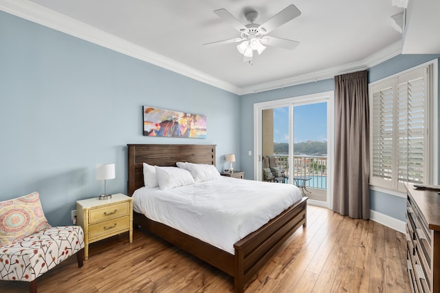 bedroom featuring crown molding, ceiling fan, access to exterior, and light wood-type flooring