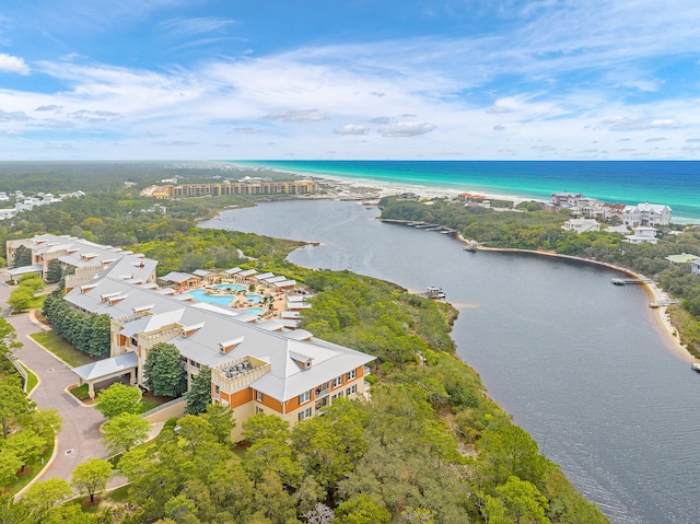 bird's eye view with a water view