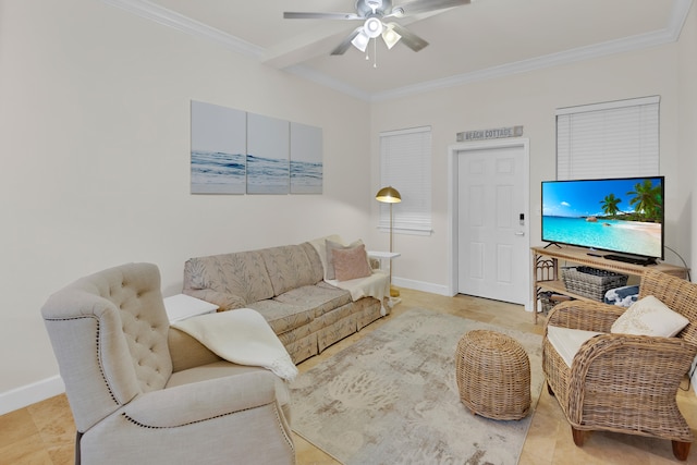 living room with ceiling fan and ornamental molding