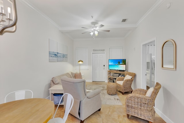 living room featuring crown molding and ceiling fan