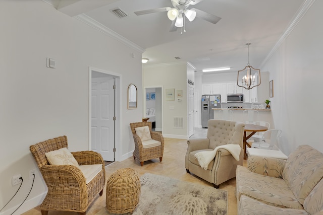 living room featuring ceiling fan with notable chandelier, ornamental molding, and light tile flooring