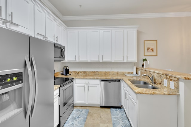 kitchen featuring white cabinetry, appliances with stainless steel finishes, light stone counters, sink, and light tile floors