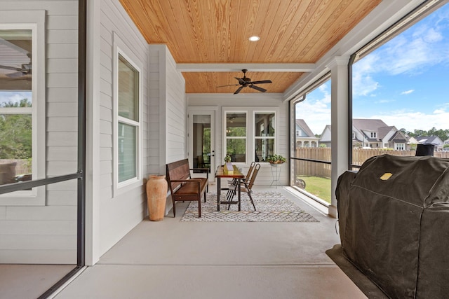 sunroom / solarium with ceiling fan and wood ceiling