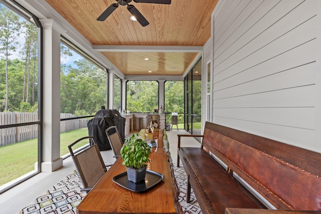 sunroom / solarium with wood ceiling and ceiling fan