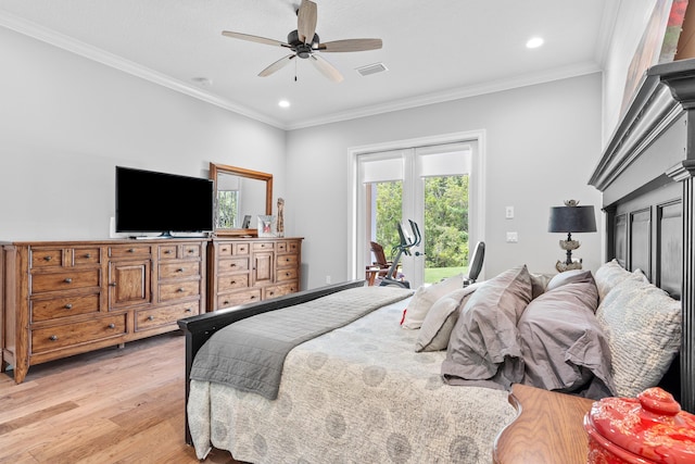 bedroom featuring access to outside, french doors, crown molding, light hardwood / wood-style flooring, and ceiling fan