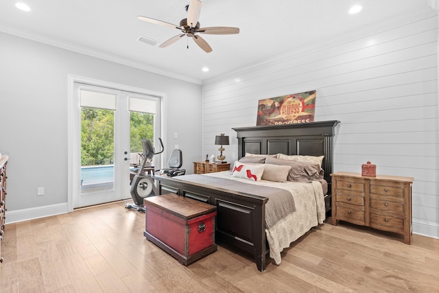 bedroom with ornamental molding, light hardwood / wood-style flooring, ceiling fan, and access to outside