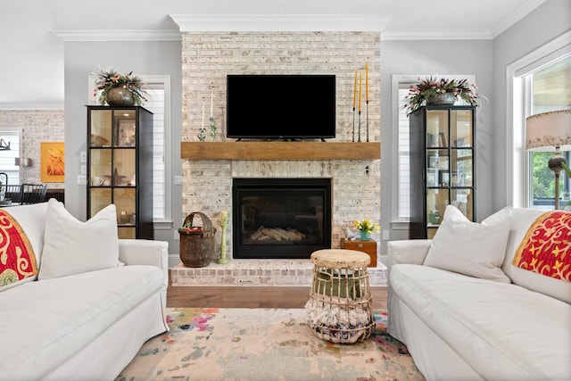 living room with wood-type flooring, a fireplace, crown molding, and plenty of natural light