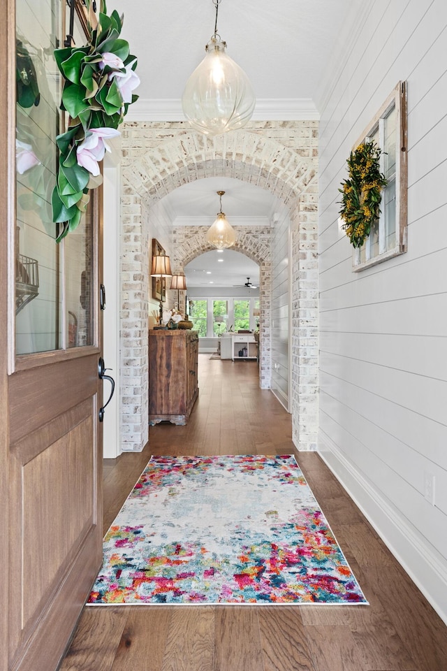 interior space featuring dark hardwood / wood-style floors and crown molding