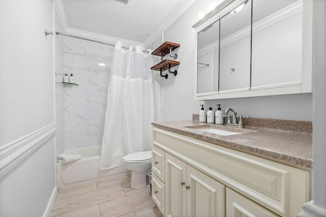 full bathroom with crown molding, tile floors, toilet, vanity, and shower / bathtub combination with curtain