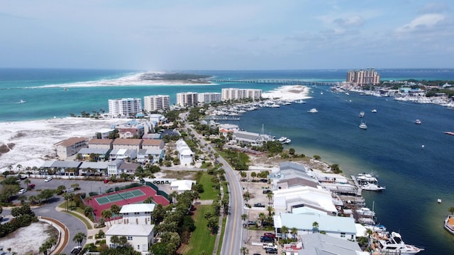 aerial view featuring a view of city and a water view