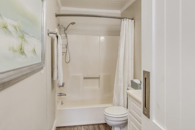 full bathroom with shower / bath combo, crown molding, toilet, and wood finished floors