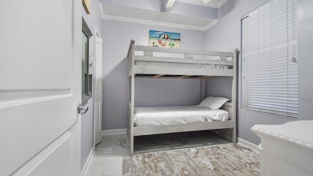 bedroom featuring ceiling fan, crown molding, and light tile floors