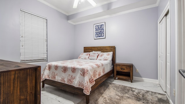 tiled bedroom with ornamental molding, a closet, and ceiling fan