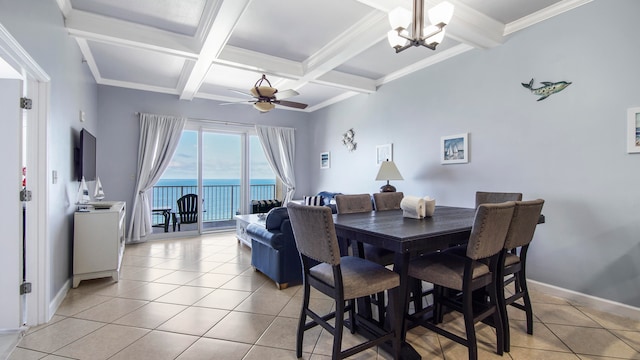 tiled dining space featuring a water view, coffered ceiling, ceiling fan with notable chandelier, beam ceiling, and crown molding