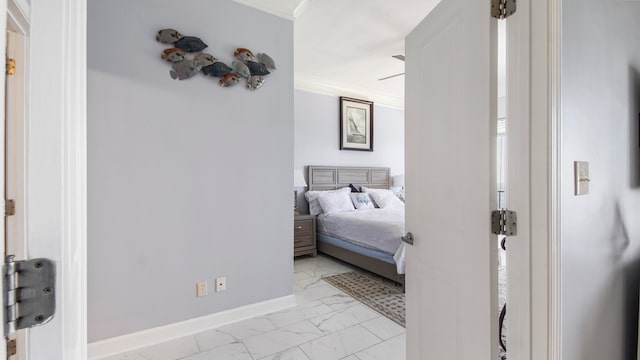 bedroom featuring ceiling fan, light tile floors, and ornamental molding