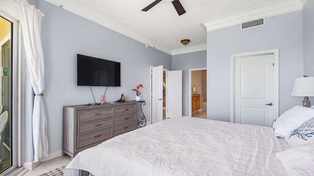 tiled bedroom featuring ceiling fan, connected bathroom, and ornamental molding