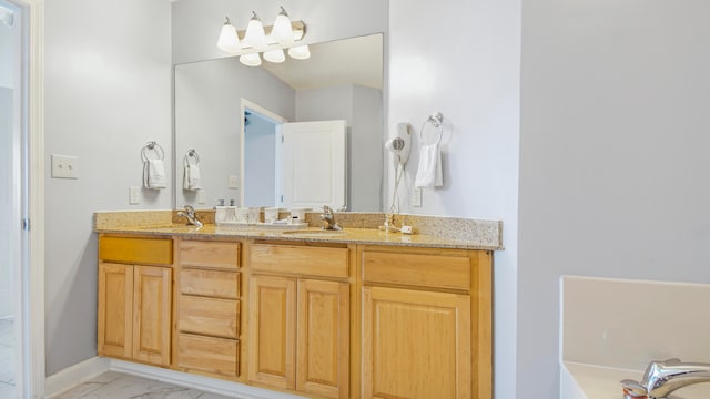 bathroom with tile floors and dual bowl vanity