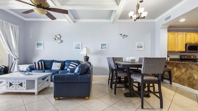 living room with ceiling fan with notable chandelier, crown molding, beam ceiling, and light tile floors