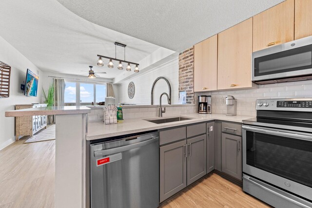 kitchen featuring light hardwood / wood-style floors, tasteful backsplash, stainless steel appliances, kitchen peninsula, and track lighting