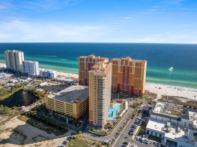 aerial view featuring a beach view and a water view