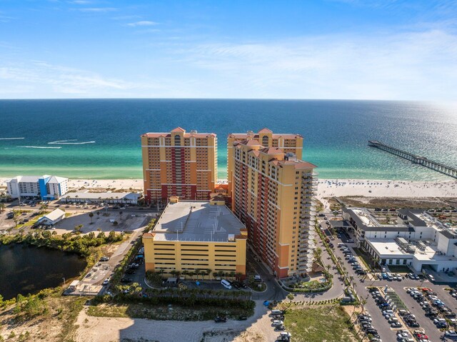 aerial view with a water view and a view of the beach