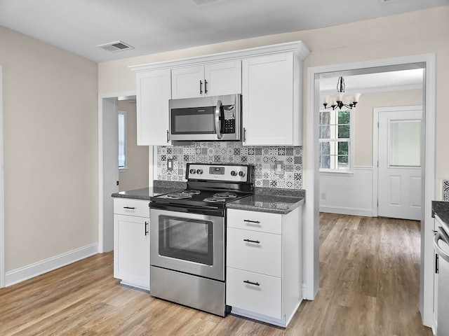 kitchen featuring white cabinetry, appliances with stainless steel finishes, a chandelier, light hardwood / wood-style floors, and backsplash