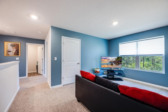 carpeted living room with a textured ceiling