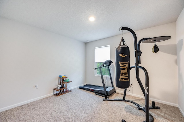 exercise room featuring carpet flooring and a textured ceiling