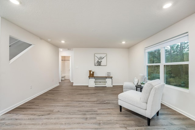 living area with wood-type flooring and a textured ceiling