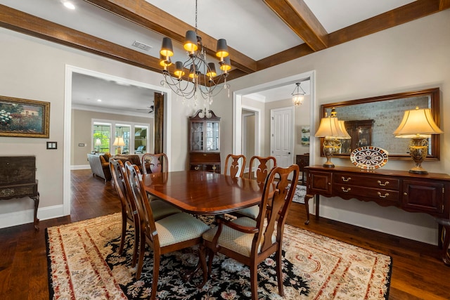 dining room with ceiling fan with notable chandelier, dark hardwood / wood-style floors, and beam ceiling