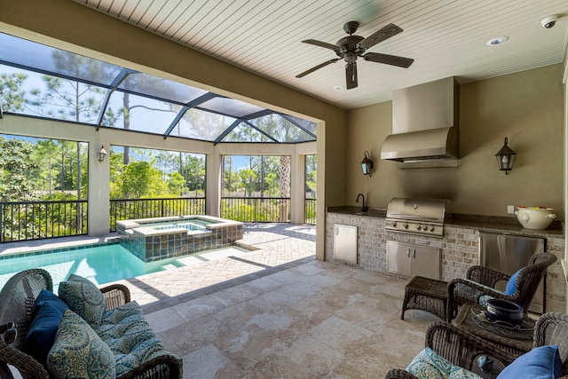 interior space with area for grilling, ceiling fan, and sink