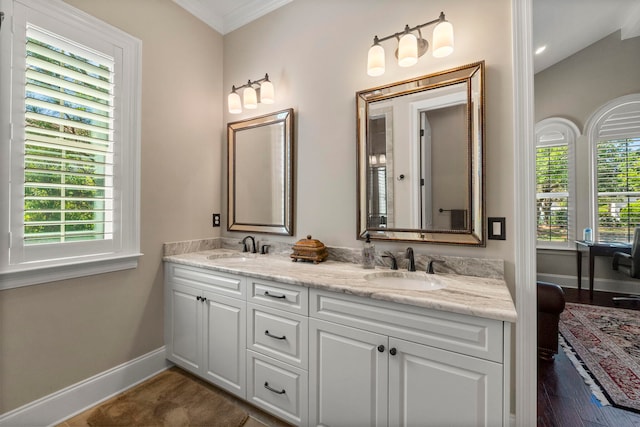 bathroom featuring ornamental molding, a healthy amount of sunlight, and dual bowl vanity