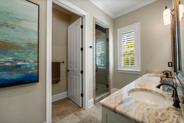 bathroom featuring an enclosed shower, crown molding, dual vanity, and tile flooring