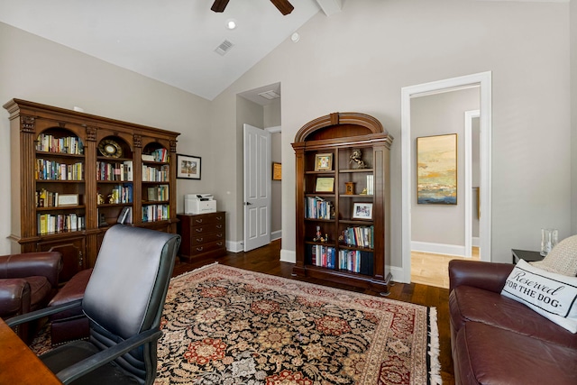 office area with beamed ceiling, ceiling fan, high vaulted ceiling, and dark wood-type flooring