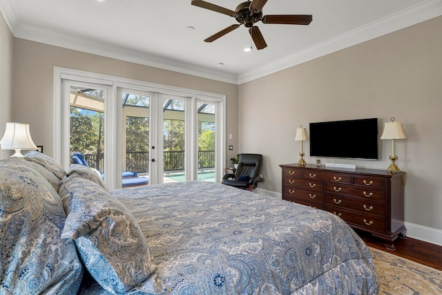 bedroom with french doors, ceiling fan, access to outside, dark wood-type flooring, and ornamental molding