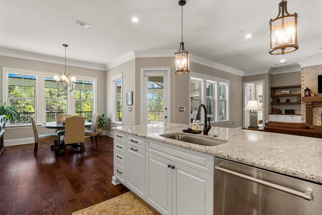 kitchen with light stone countertops, dark hardwood / wood-style flooring, white cabinetry, sink, and dishwasher