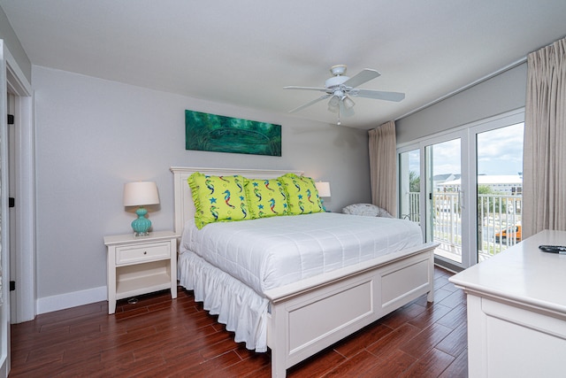 bedroom featuring dark hardwood / wood-style flooring, ceiling fan, and access to exterior