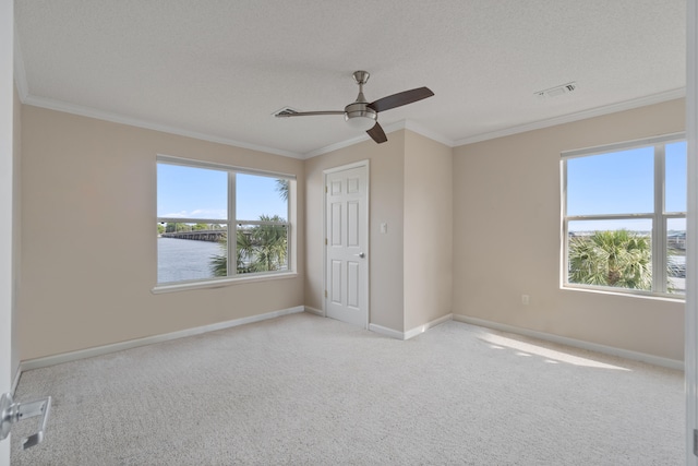 empty room with a wealth of natural light, light carpet, ceiling fan, and a water view