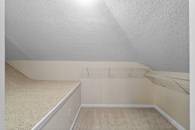 spacious closet featuring light carpet and vaulted ceiling