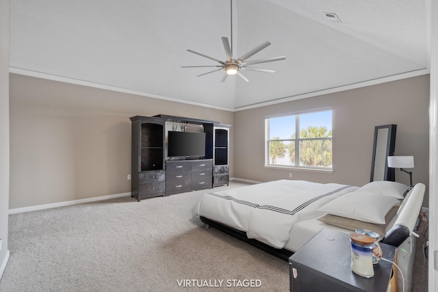 carpeted bedroom with crown molding, high vaulted ceiling, and ceiling fan