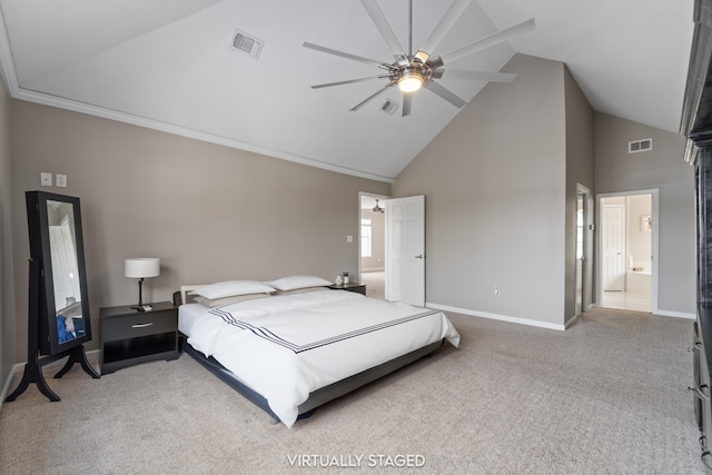 bedroom featuring light carpet, ceiling fan, crown molding, and high vaulted ceiling