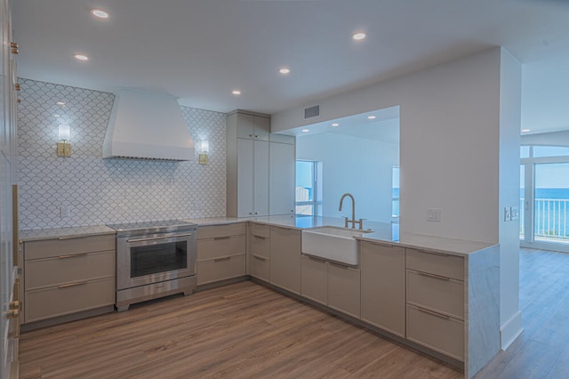 kitchen with stainless steel range with electric stovetop, premium range hood, light hardwood / wood-style flooring, and sink