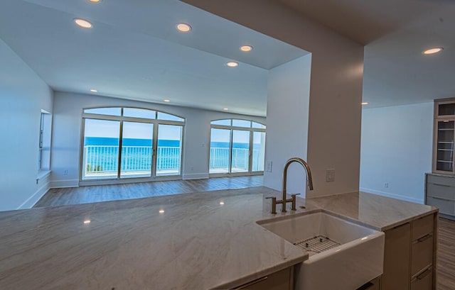 kitchen featuring a water view, dark wood-type flooring, sink, and light stone counters