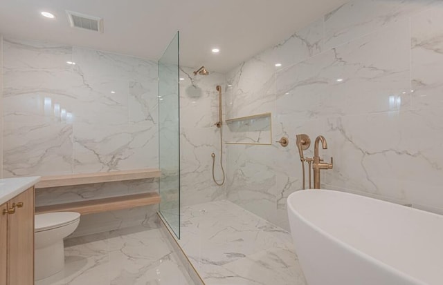 full bathroom featuring tile walls, toilet, vanity, plus walk in shower, and tile floors