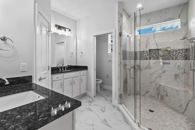 bathroom with vanity, toilet, and an enclosed shower