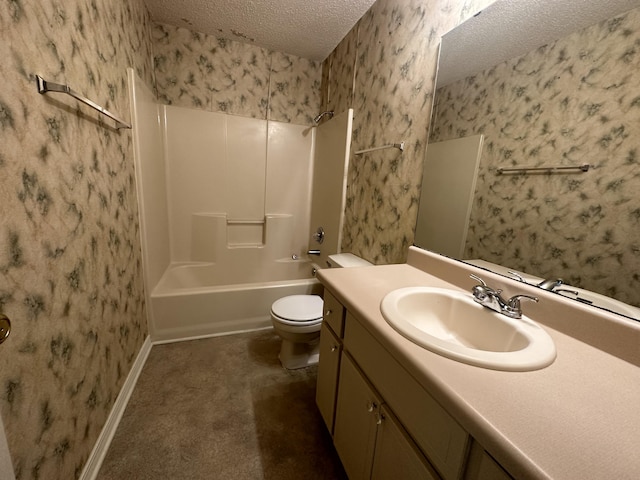 full bathroom featuring a textured ceiling, toilet, vanity, and bathing tub / shower combination