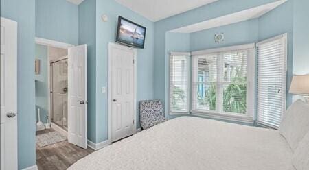 bedroom featuring dark hardwood / wood-style floors and multiple windows