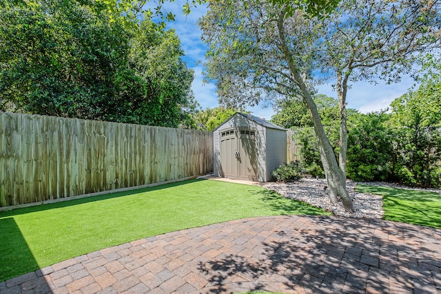 view of yard with a patio area and a storage shed