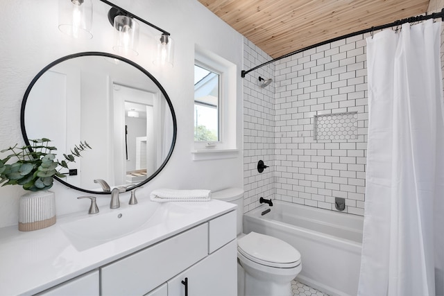 full bathroom with shower / bathtub combination with curtain, toilet, wooden ceiling, and large vanity